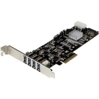 Black PCIe card with four blue USB 3.0 ports, silver heatsink, and SATA/LP4 power connector.