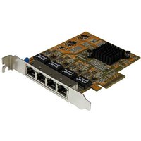 "StarTech.com 4-Port PCIe Gigabit Network Adapter Card with four Ethernet ports and gold circuit board"