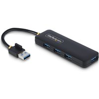 Black StarTech.com 4-Port USB-A Hub, compact design, with attached cable and blue USB 3.0 ports for 5Gbps speed.
