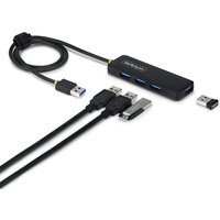 Black StarTech.com 4-port USB-A hub with long cable, compact design, and four blue USB-A ports.
