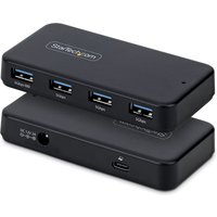 Black StarTech.com 4-Port USB-A Hub, 5Gbps, self-powered, with 2-in-1 USB-C and USB-A ports, compact rectangular design.