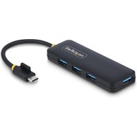 Black StarTech.com 4-Port USB-C Hub with short cable, 4 blue USB-A ports, compact rectangular design.