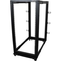 Black StarTech.com 4-Post 25U mobile open frame server rack with casters and cable management hooks.