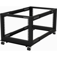 Black StarTech.com 4-post 8U mobile open frame server rack with casters and adjustable mounting rails.