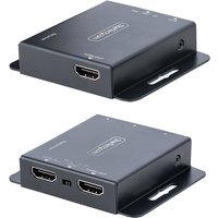 StarTech.com black HDMI extender kit with two rectangular units, HDMI ports, and IR remote control features.