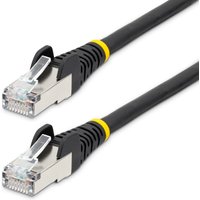 Black StarTech.com 50cm CAT6a Ethernet cable with silver connectors and yellow accents, low smoke zero halogen design.