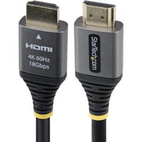 Black StarTech.com HDMI cable with gold-plated connectors, 4K 60Hz, 18Gbps, 5ft length, gray casing.