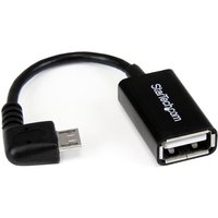 Black StarTech.com right angle Micro USB to USB OTG adapter with 5-inch cable and white logo on connector.