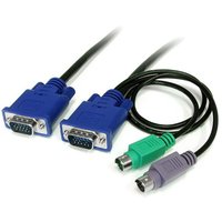 Black 6 ft 3-in-1 Ultra Thin PS/2 KVM Cable with blue VGA connectors and green, purple PS/2 connectors.