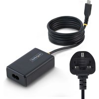 Black StarTech.com 65W USB-C laptop charger with 1.5m tethered cable and UK plug.