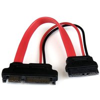 Slimline SATA to SATA adapter with power, featuring red and black cables and black connectors by StarTech.com.