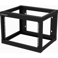 Black StarTech.com 6U wall mount network rack, 19" deep, open frame with two vertical posts and square mounting holes.