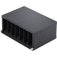 Black StarTech.com 7-slot unmanaged media converter chassis with open slots and metal casing.