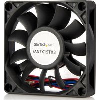 Black StarTech.com 70x15mm computer case fan with ball bearing, TX3 connector, and multicolored wires.