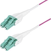 Aqua LC to LC connectors on a purple 7m OM4 multimode fiber optic cable with white strain relief boots.