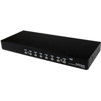 Black StarTech 8 Port 1U Rackmount USB PS/2 KVM Switch with front control buttons and StarTech.com logo.
