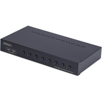 Black StarTech 8-port DisplayPort KVM switch with push-button controls, USB hub, and rack mount kit.