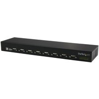 Black StarTech.com 8-Port USB-to-Serial Adapter Hub with multiple serial ports and LED indicators on the front panel.