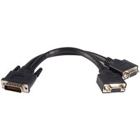 Black StarTech.com 8in LFH 59 Male to Dual Female VGA DMS 59 Cable with two VGA connectors and one LFH 59 connector.