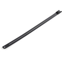 Black metal cable tie, 9 inches long, 1/4 inch wide, with a locking mechanism at one end.