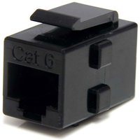 Black StarTech.com Cat 6 RJ45 Keystone Jack Network Coupler with rectangular shape and labeled "Cat 6" on top.