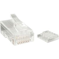 Clear plastic Cat 6 RJ45 modular plug connector with gold contacts, shown with a separate strain relief clip.