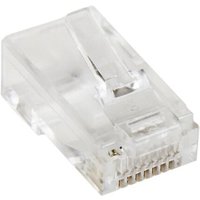 Clear Cat5e RJ45 modular plug connector with eight gold-plated pins, transparent plastic casing, pack of 50.