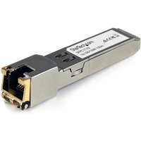 Silver StarTech.com SFP transceiver module with black connector and label, compatible with Cisco SFP-GE-T.