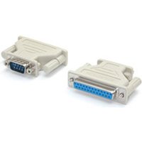 Beige StarTech.com DB9 to DB25 serial adapter with male and female connectors, blue pin interiors.