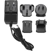Black StarTech.com 12V, 2A DC power adapter with interchangeable plug heads and attached power cord.