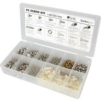 StarTech.com PC Screw Kit with assorted screws, nuts, and standoffs in a clear plastic organizer box.
