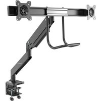 Black StarTech dual monitor arm with VESA mounts, adjustable joints, and desk clamp base.
