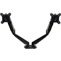 Black dual monitor arm with adjustable articulating arms and VESA mounts, desk-mounted base.