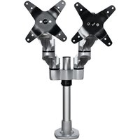 Silver dual monitor arm with articulating arms, VESA mounts, height adjustable, clamp/grommet base by StarTech.com