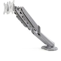 Gray StarTech.com dual monitor arm with USB and audio ports, adjustable joints, and sturdy desk clamp base.