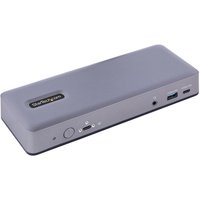 Gray StarTech laptop dock with USB-C, USB 3.2 ports, and power button on the front panel.