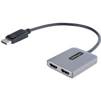Black and silver StarTech.com DP to Dual HDMI MST Hub with two HDMI ports and attached 1ft cable.