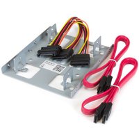 Gray metal HDD bracket with mounting holes, includes SATA cables and connectors for dual 2.5" to 3.5" drive installation.