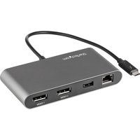 Gray StarTech.com dual-monitor Thunderbolt mini dock with 4K 60Hz DisplayPort, USB, and Ethernet ports.