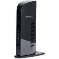 Black StarTech.com dual monitor USB 3.0 docking station with HDMI, DVI, 6 USB ports, and vertical stand design.
