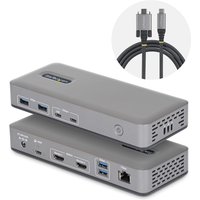 Gray StarTech dual-monitor USB-C docking station with HDMI ports, USB ports, Ethernet, and charging cable.