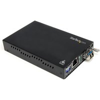 Black StarTech.com fiber media converter with Ethernet ports and LC connectors.