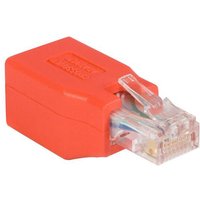 Red StarTech.com Gigabit Cat 6 crossover Ethernet adapter with clear RJ45 connector and compact rectangular design
