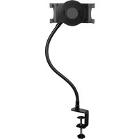 Black StarTech.com gooseneck tablet holder with bendable arm and clamp base for desk attachment.