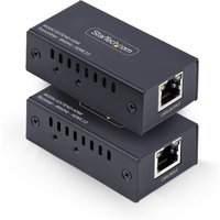 Black StarTech.com HDMI extender kit with two compact units, Ethernet ports, and ventilation slots.