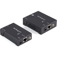 Black StarTech.com HDMI over CAT5e HDBaseT Extender with ports and ventilation slots, compact rectangular design.