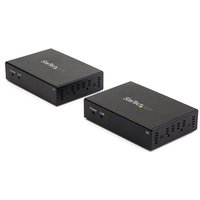Black StarTech.com HDMI over CAT6 Extender set with logo, featuring two rectangular units with ports and ventilation slots.