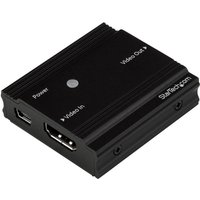 Black StarTech.com HDMI Signal Booster with labeled ports for Video In, Video Out, and Power on a compact rectangular design.