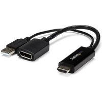 Black HDMI to DisplayPort adapter with USB power cable, StarTech.com logo on connector, supports 4K 30Hz.