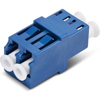 Blue StarTech.com LC/UPC fibre optic adapter with dual white ports and rectangular design.